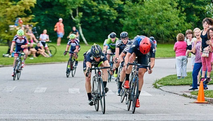 Cyclists racing around a turn